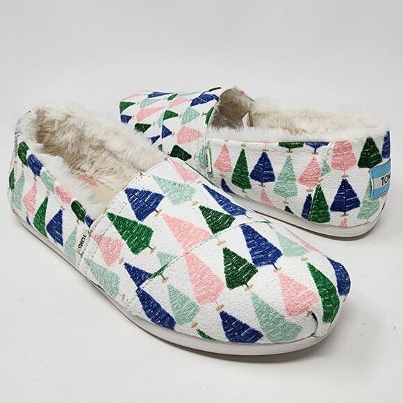 TOMS X Paper Source Flats W0men 5.5Colorful Trees Espadrilles with faux fur edge - Picture 2 of 9